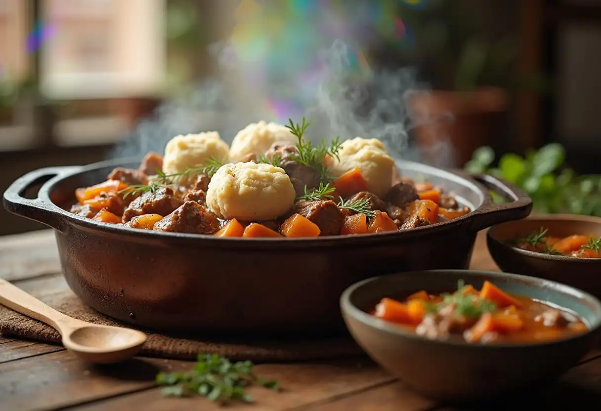 Fluffy suet dumplings in a stew