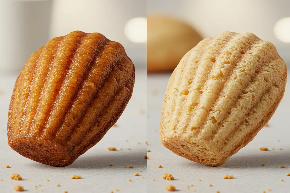 Side-by-side comparison of a fresh golden-brown madeleine with a moist crumb and a stale, pale, cracked madeleine, highlighting the impact of storage on texture and appearance.