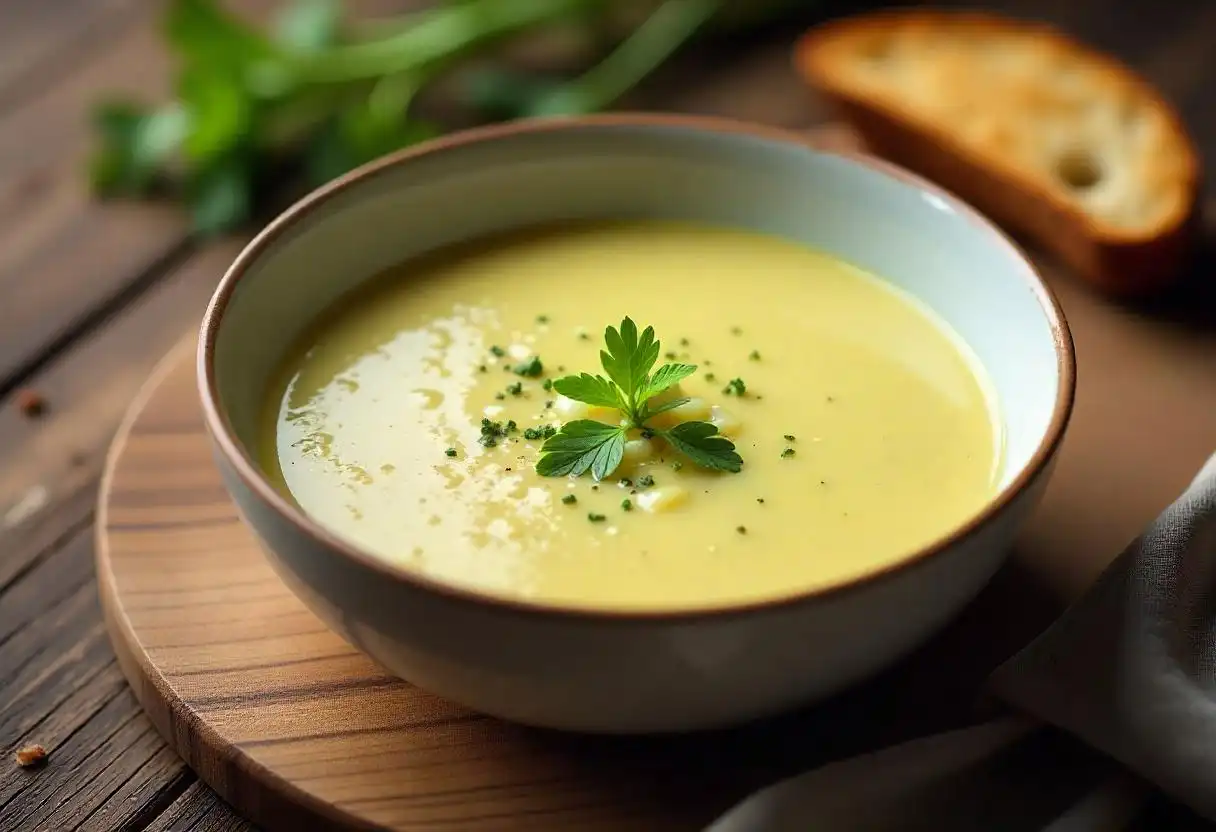Creamy leek and potato soup with fresh herbs