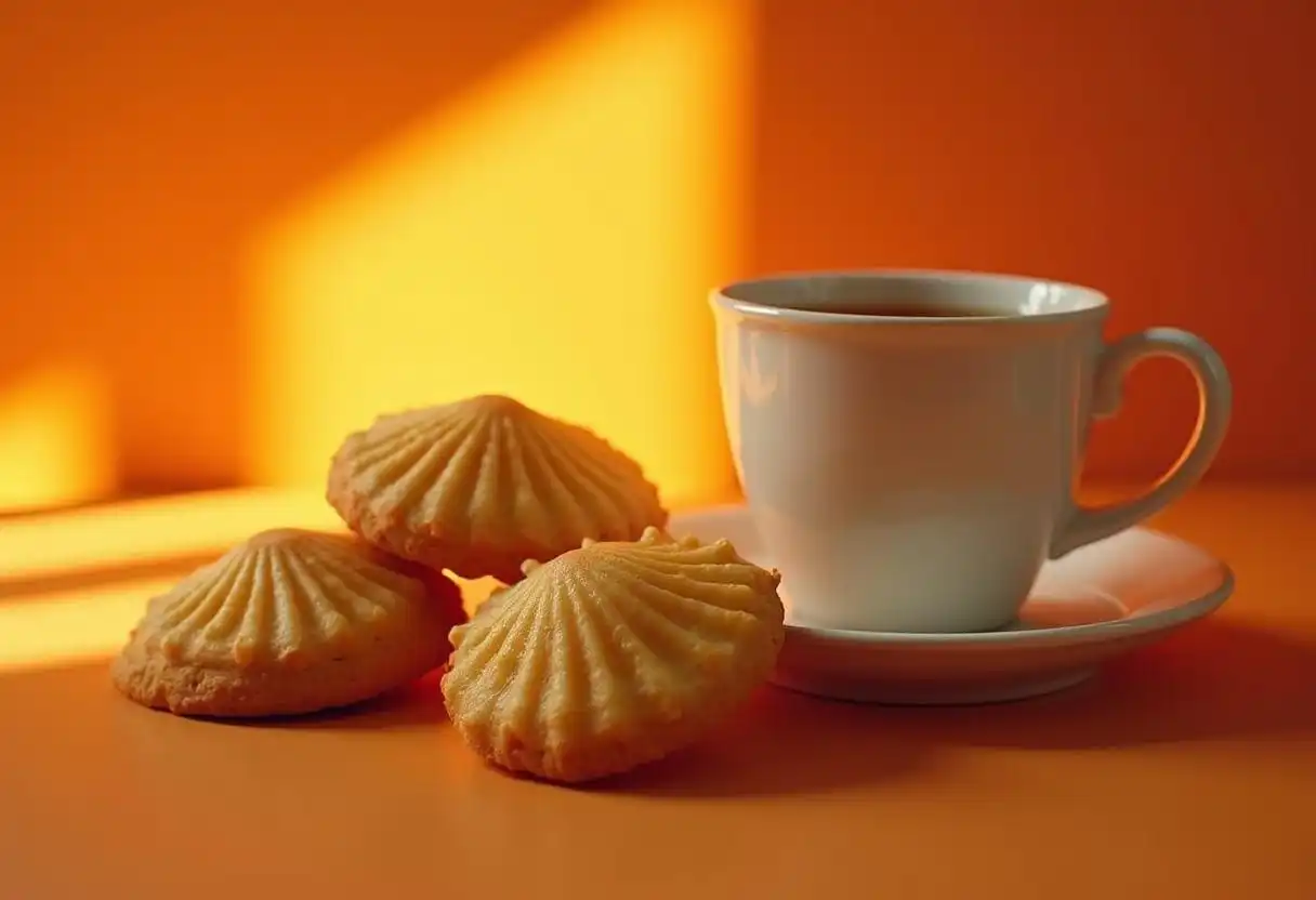 a cup of coffee and Madeleine cookies.