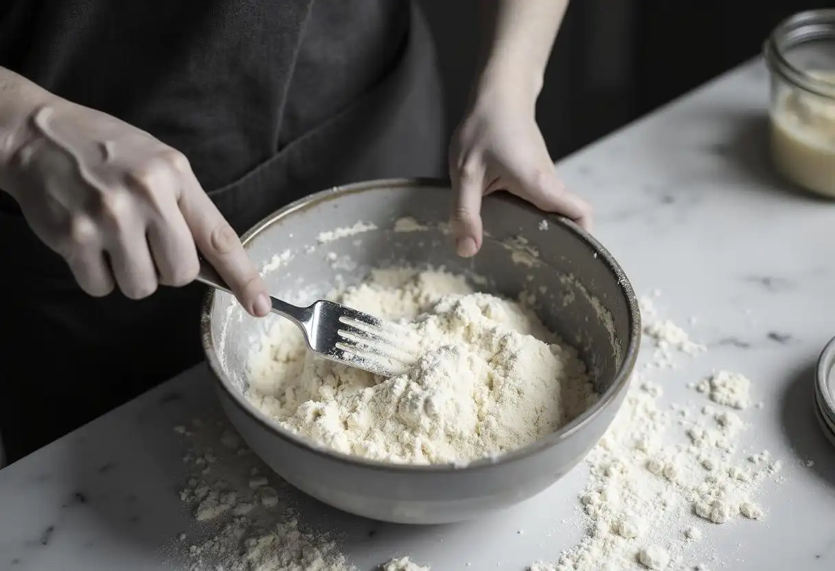 Mixing flour and Atora suet in a bowl
