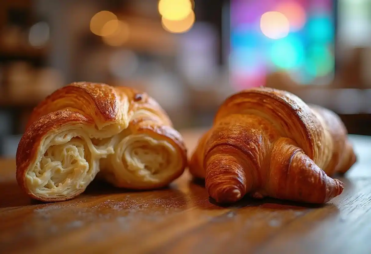 Comparison of an over-proofed and a perfectly proofed croissant.