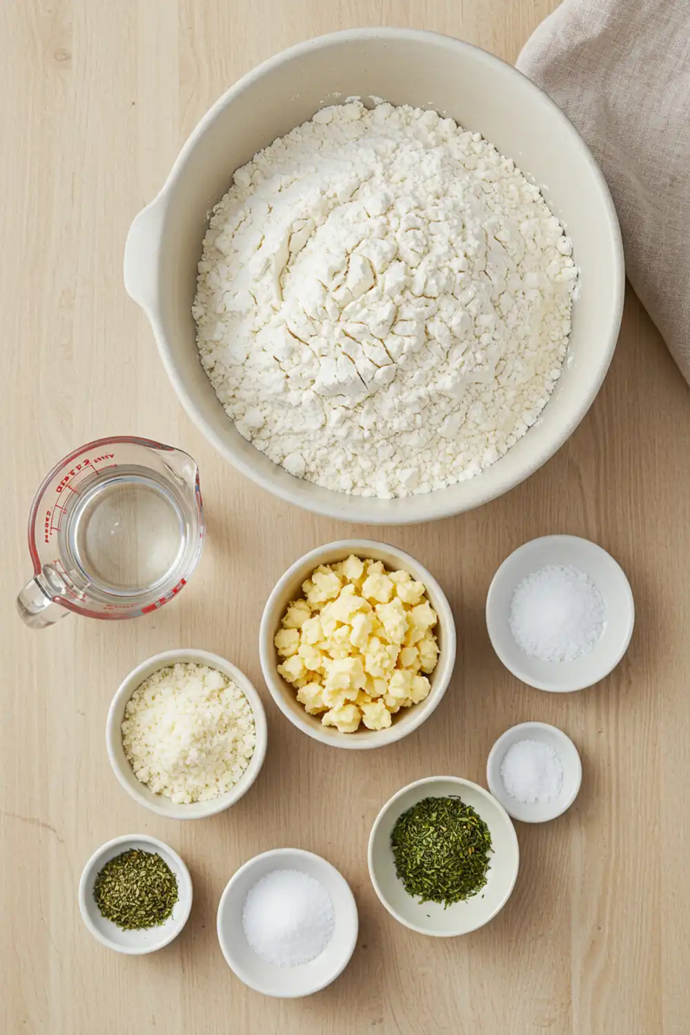 Close-up top-down view of prepped Atora Suet Dumpling ingredients: self-raising flour, Atora suet pellets, cold water, salt, optional herbs, arranged on a light wooden/marble surface with subtle wear, looking natural and home-prepared.