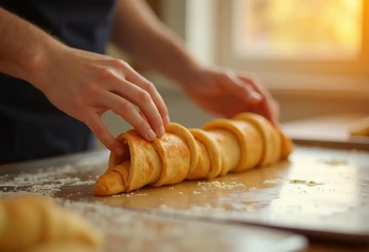Hands shaping a croissant from dough