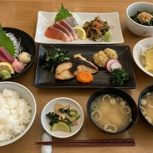 A diverse spread of Japanese food: Highlighting both healthy and potentially less healthy choices to help answer, "Is Japanese food healthy or unhealthy?