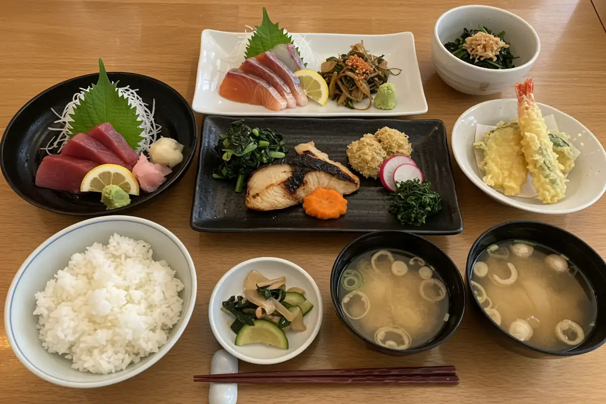 A diverse spread of Japanese food: Highlighting both healthy and potentially less healthy choices to help answer, "Is Japanese food healthy or unhealthy?