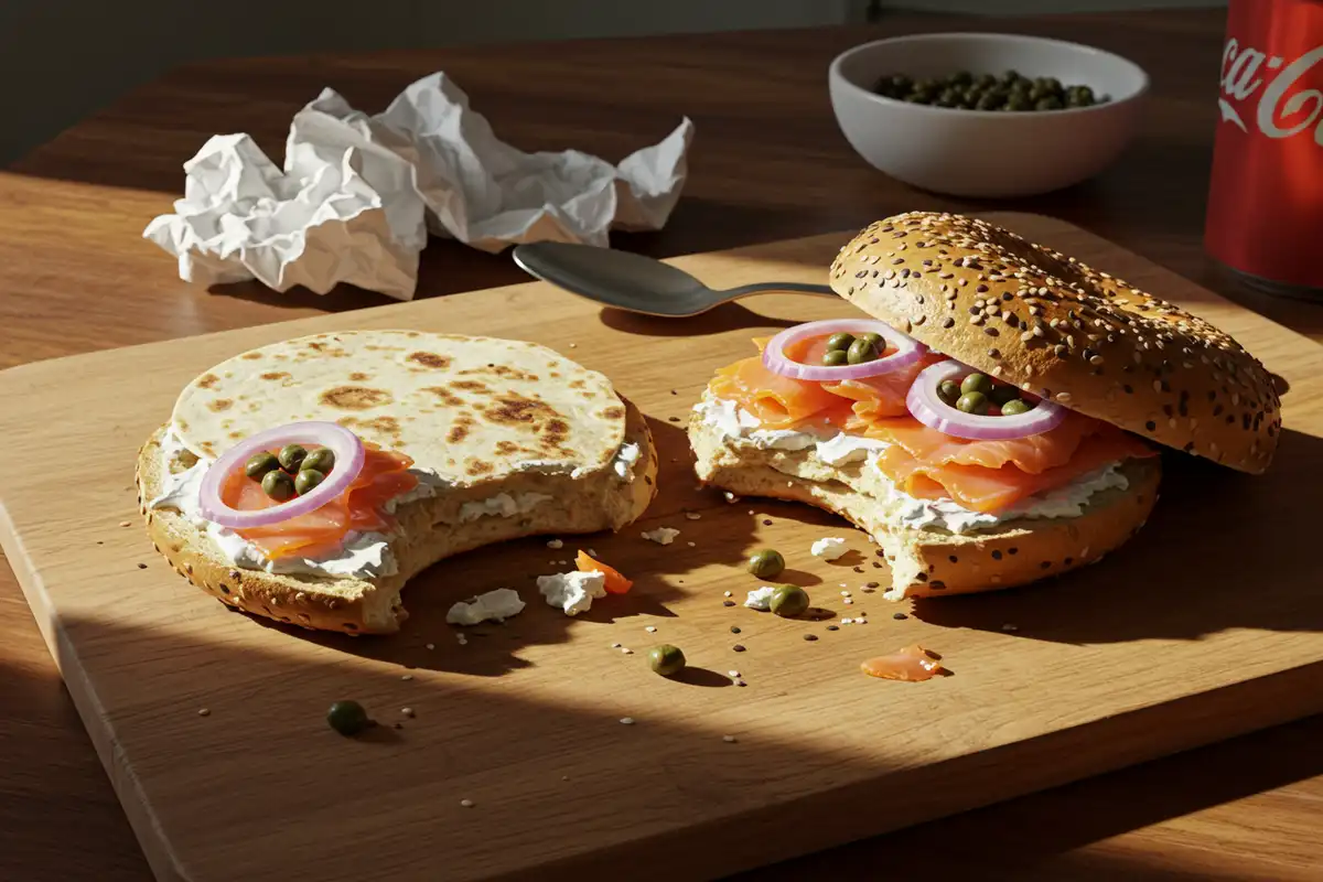 Close-up of a partially eaten bagel with smoked salmon, cream cheese, capers, and red onion. This classic smoked salmon recipe is a crowd-pleaser.