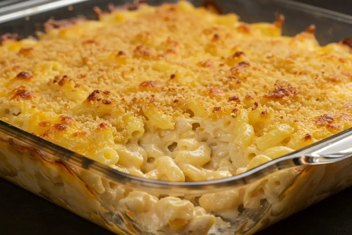 Baked Tini's mac and cheese with a golden brown and bubbly topping, showcasing the delicious result of "tinis mac and cheese recipe