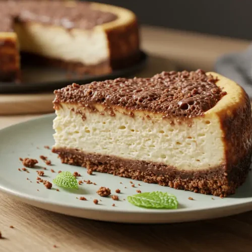 Slice of Aero Mint Chocolate Cheesecake presented on a plate, showing creamy texture and chocolate shaving topping.