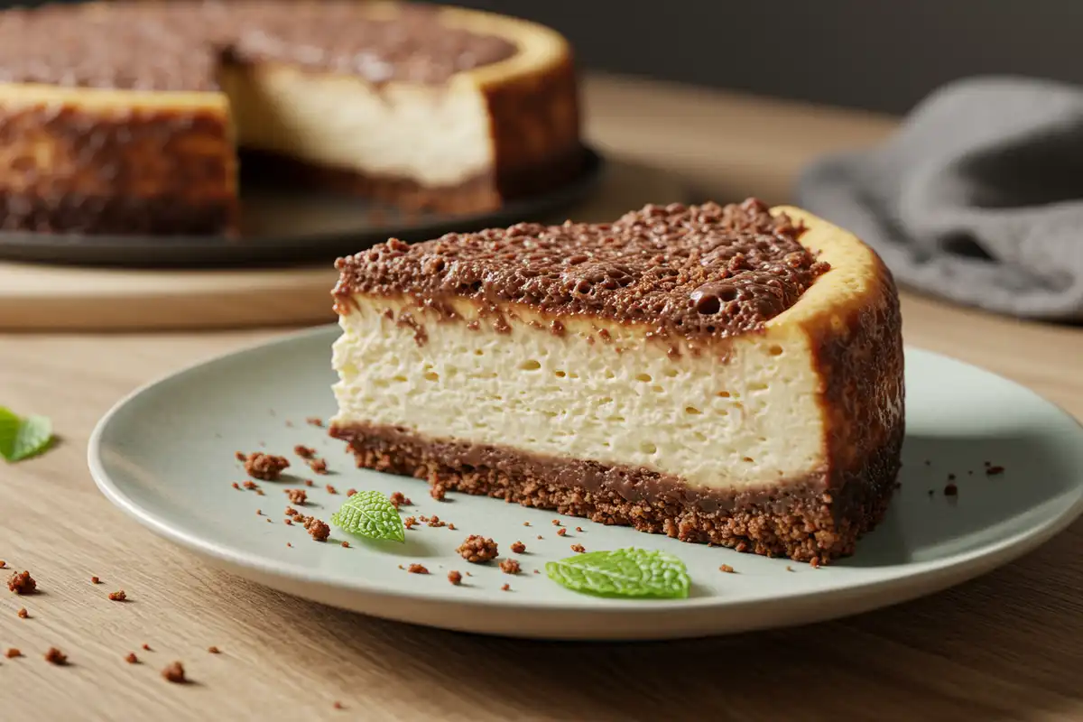 Slice of Aero Mint Chocolate Cheesecake presented on a plate, showing creamy texture and chocolate shaving topping.