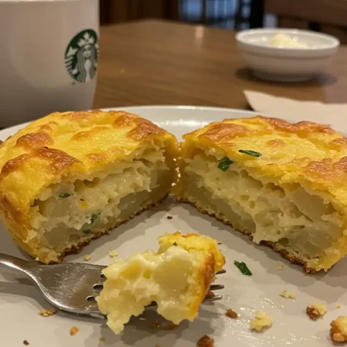 A Copycat Starbucks Potato Chive Bake cut in half, revealing the interior.