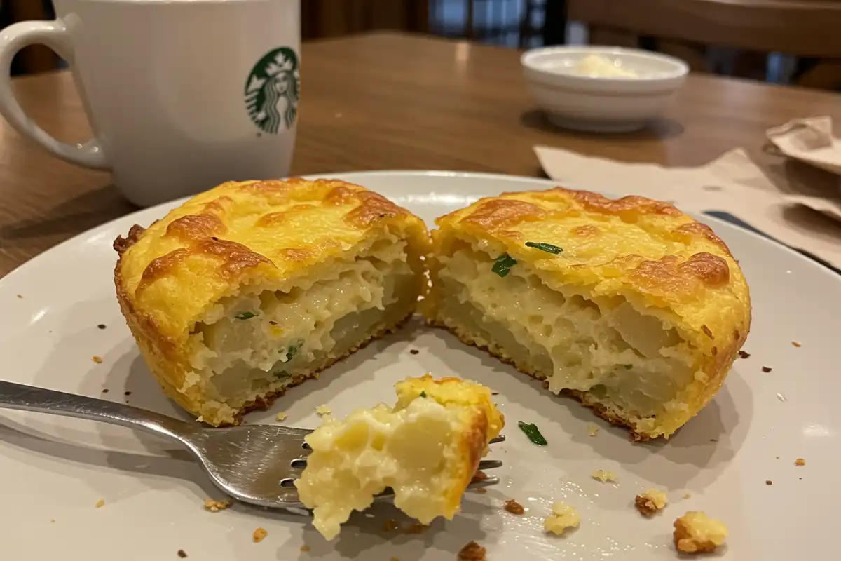 A Copycat Starbucks Potato Chive Bake cut in half, revealing the interior.