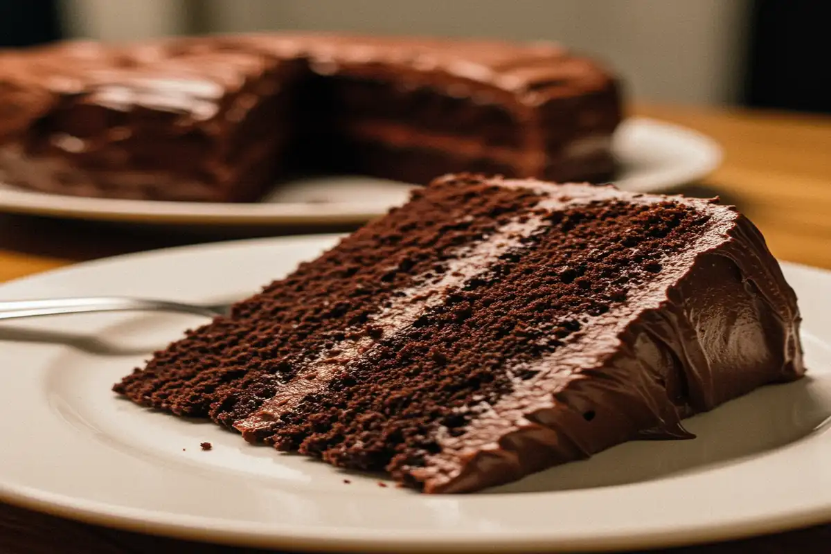 A slice of rich chocolate fudge cake with glossy frosting is presented on a white plate.