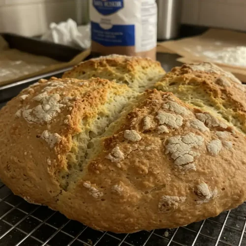 A freshly baked loaf of Mary Berry Soda Bread with a deeply cut cross.