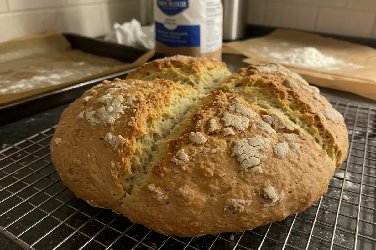 A freshly baked loaf of Mary Berry Soda Bread with a deeply cut cross.