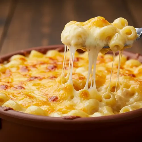 Close-up of Tini's mac and cheese showing the creamy cheese pull and homemade texture, related to "tinis mac and cheese recipe