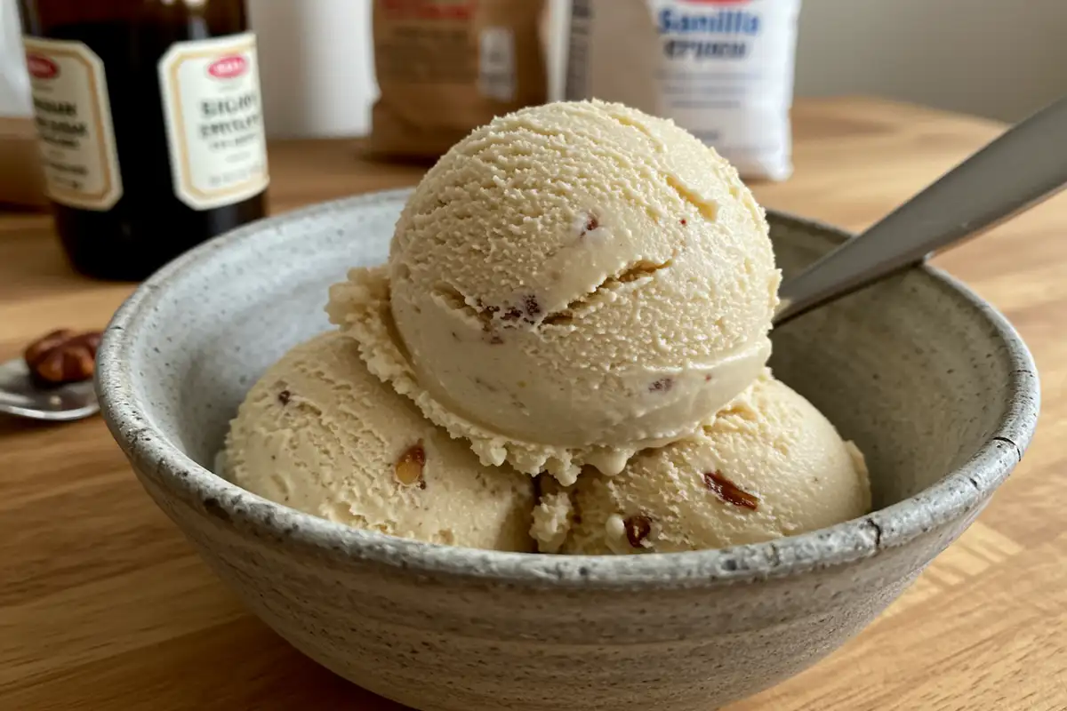 A scoop of homemade piñon ice cream in a bowl, with ingredients and a spoon nearby.
