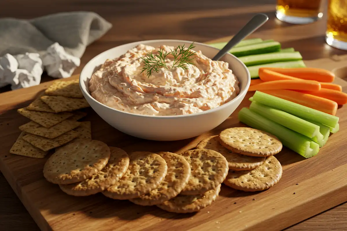 lose-up of a bowl of homemade smoked salmon cream cheese dip served with crackers and vegetables. This quick and easy smoked salmon recipe is perfect for parties.