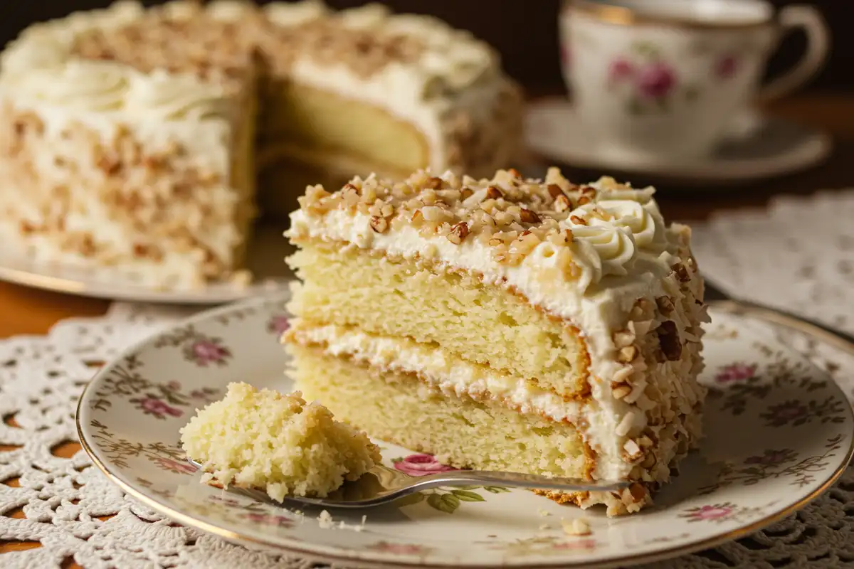 A slice of White German Chocolate Cake highlights the cake layers and coconut-pecan frosting.