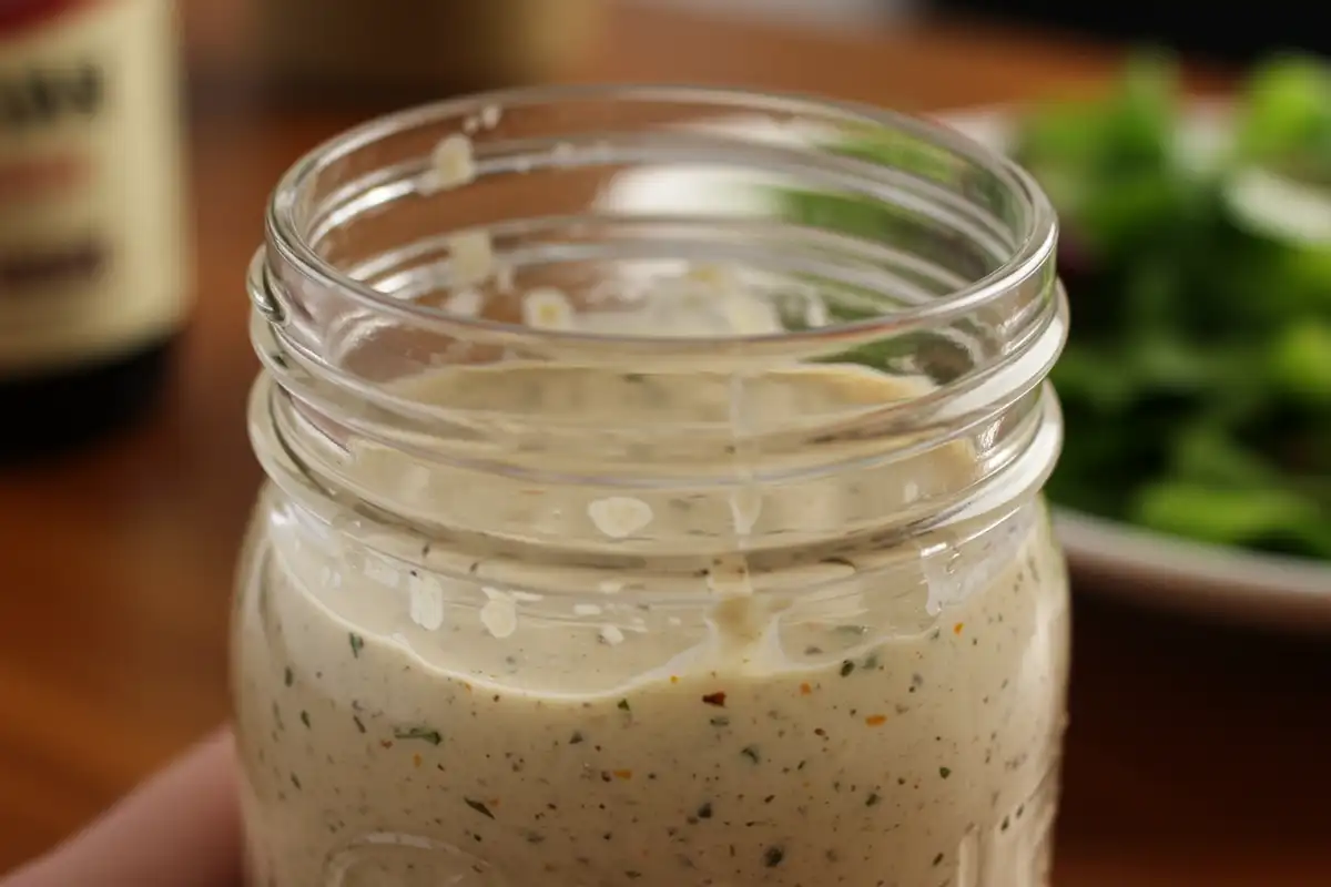 Homemade Texas Roadhouse Italian dressing in a mason jar shows a creamy, emulsified texture.