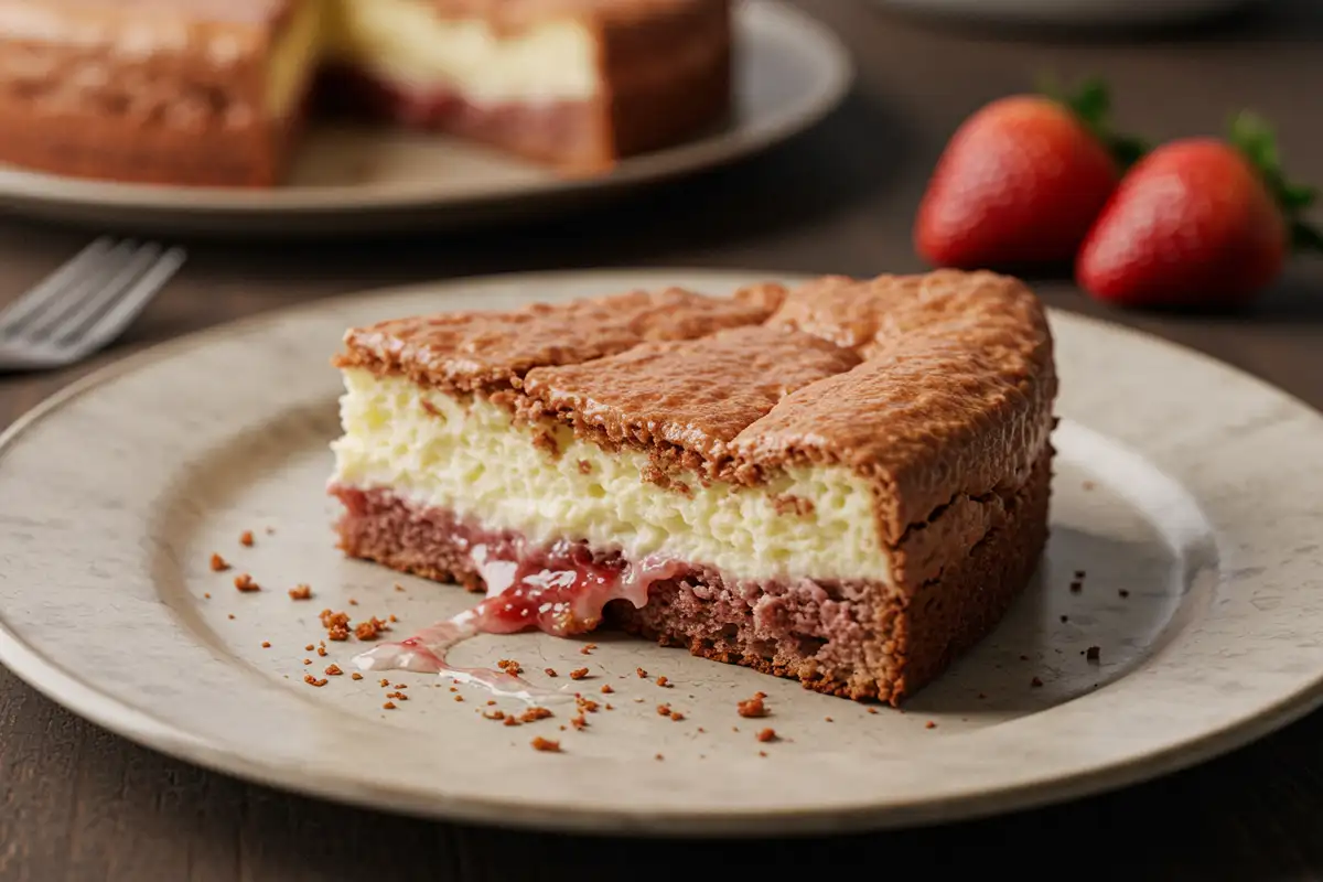 Slice of Strawberry Earthquake Cake on a plate shows cracked surface and cream cheese filling.