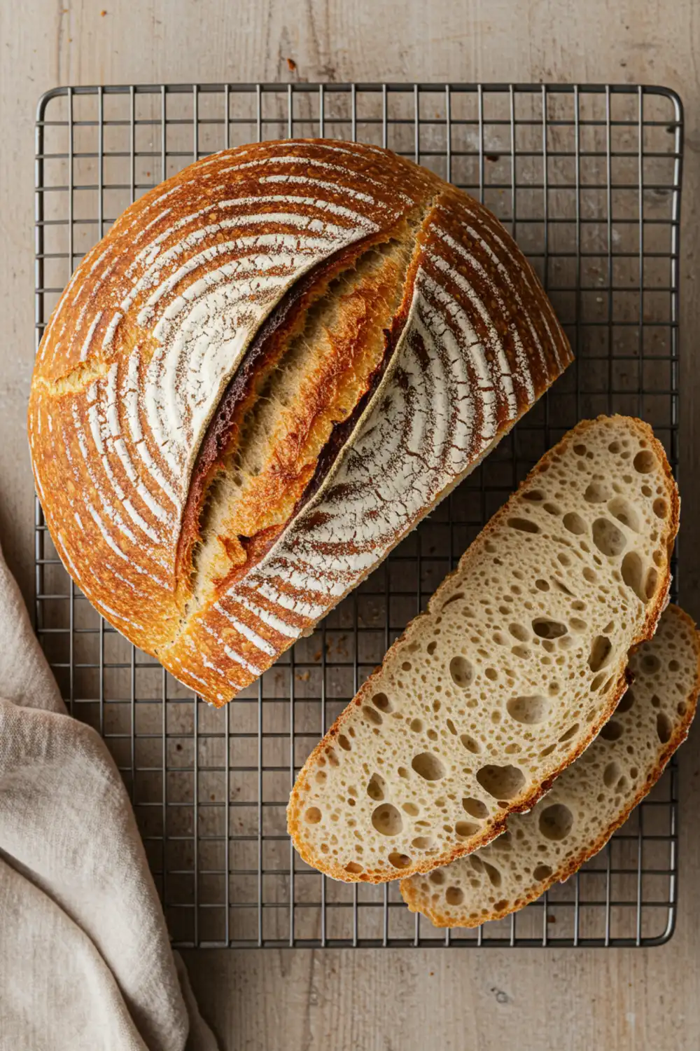 Close-up top-down view of a final, crusty 8 Hour Sourdough bread loaf on a wire rack, with a deeply golden scored crust and a slice showing the chewy crumb, looking artisanal and home-baked.