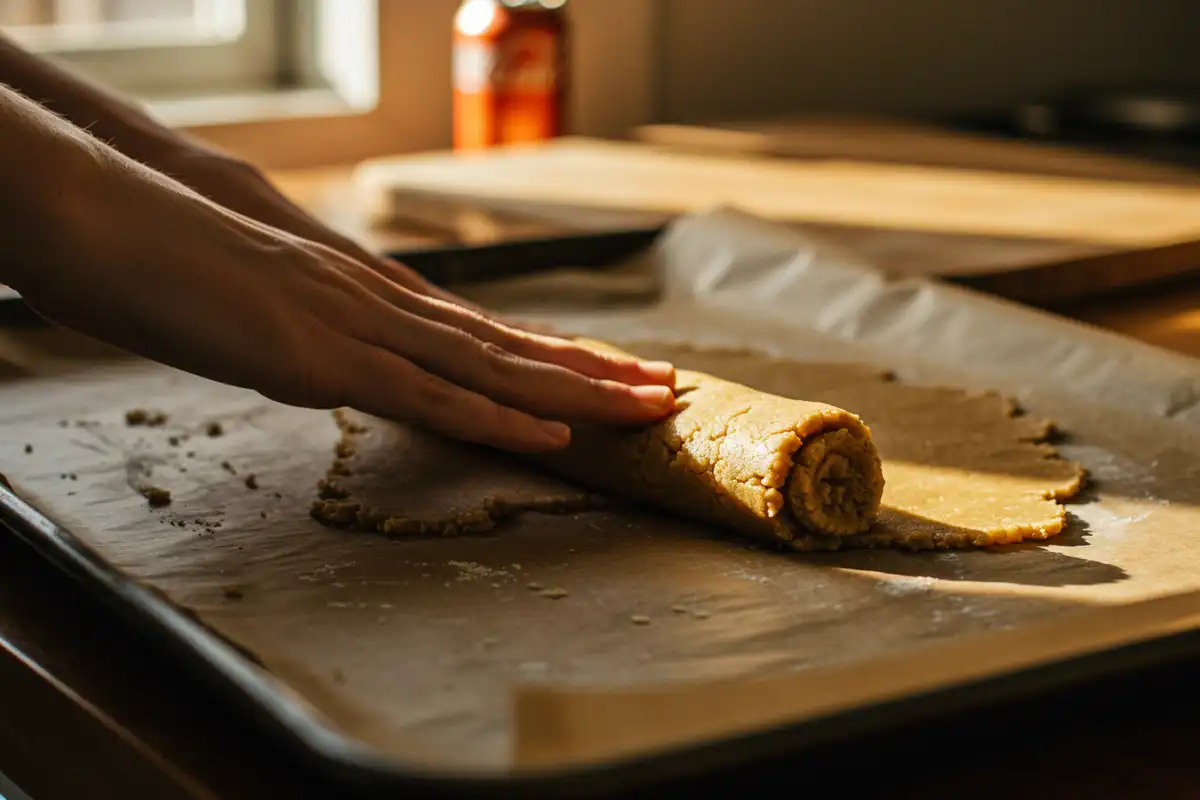 Amateur iPhone XR photo of Subway footlong cookie dough being shaped on parchment paper, warm lighting, emphasizing the casual, homemade process.