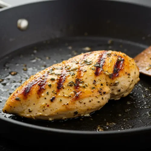 A slightly blurred image of a cooked Italian Dressing Chicken breast resting in a skillet, with visible grill marks and glistening sauce.