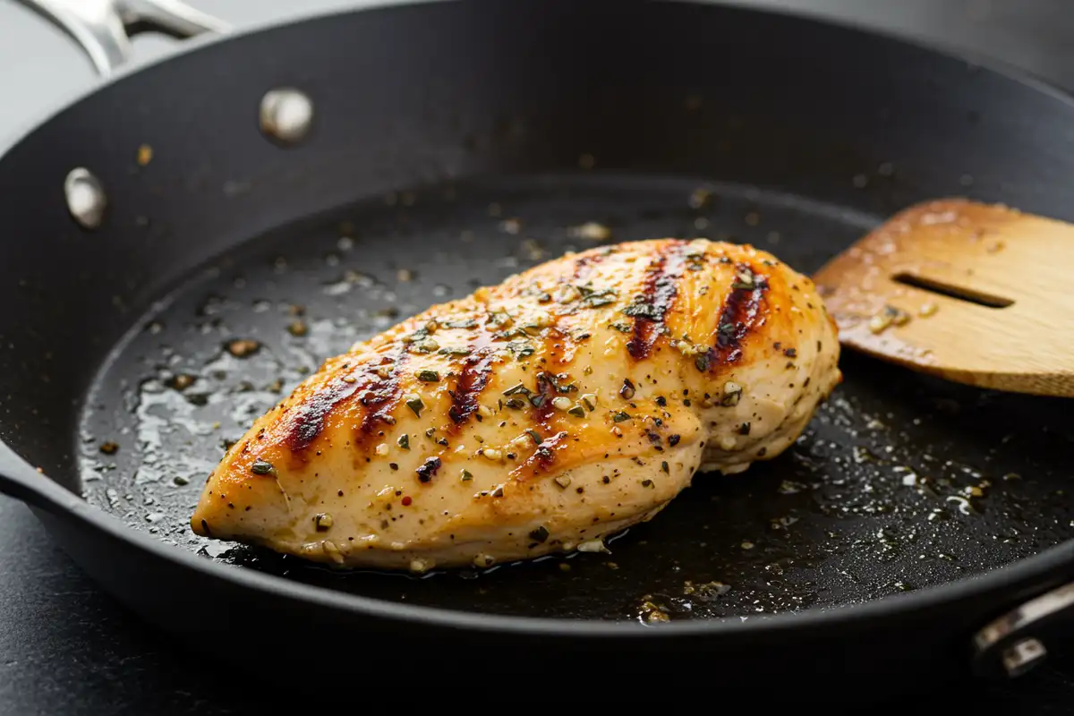 A slightly blurred image of a cooked Italian Dressing Chicken breast resting in a skillet, with visible grill marks and glistening sauce.