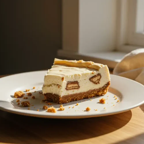 A close-up, slightly out-of-focus shot of a slice of Aero Bar Cheesecake on a white plate, illuminated by warm sunlight.