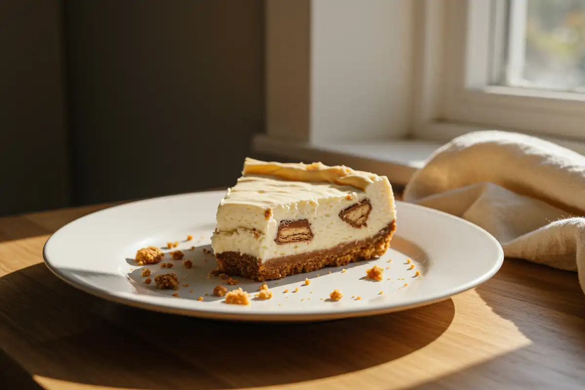A close-up, slightly out-of-focus shot of a slice of Aero Bar Cheesecake on a white plate, illuminated by warm sunlight.