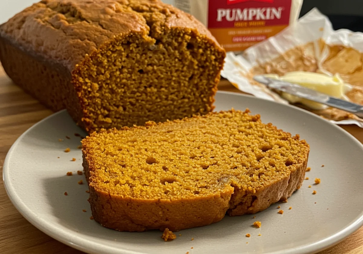 A slice of golden Libby's Pumpkin Bread Recipe on a plate with a butter knife.