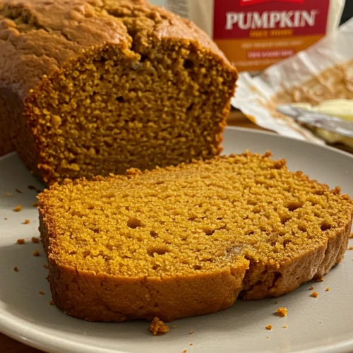 A slice of golden Libby's Pumpkin Bread on a plate with a butter knife.