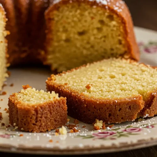A close-up shot of a freshly cut slice of Slap Ya Momma Pound Cake, revealing its moist crumb and golden-brown crust, sitting on a vintage plate.