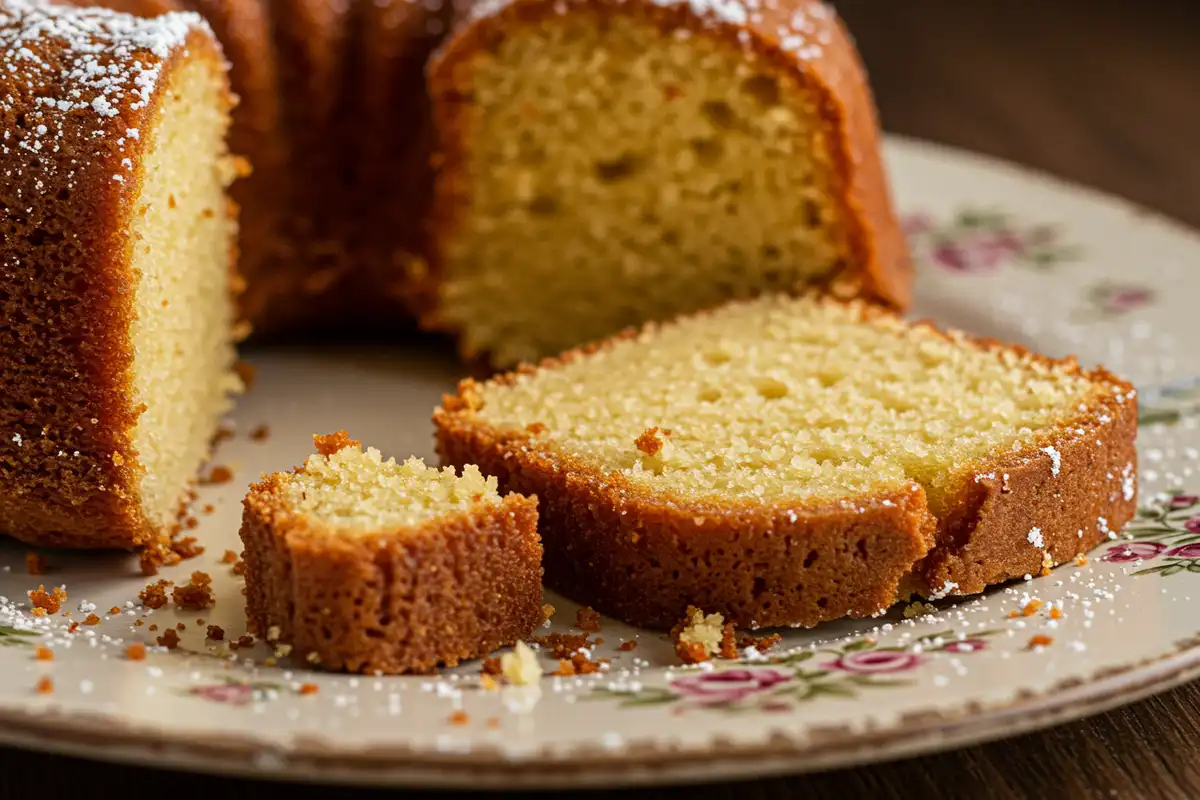 A close-up shot of a freshly cut slice of Slap Ya Momma Pound Cake, revealing its moist crumb and golden-brown crust, sitting on a vintage plate.