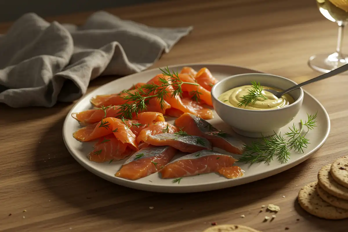 Fresh salmon fillet curing with dill for homemade gravlax, photographed with amateur iPhone style.