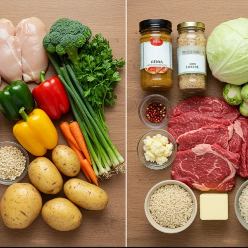 Healthy vs. less healthy Japanese curry ingredients: Illustrating how choices impact nutrition. The photo also answers "What is Japanese curry healthy or unhealthy?