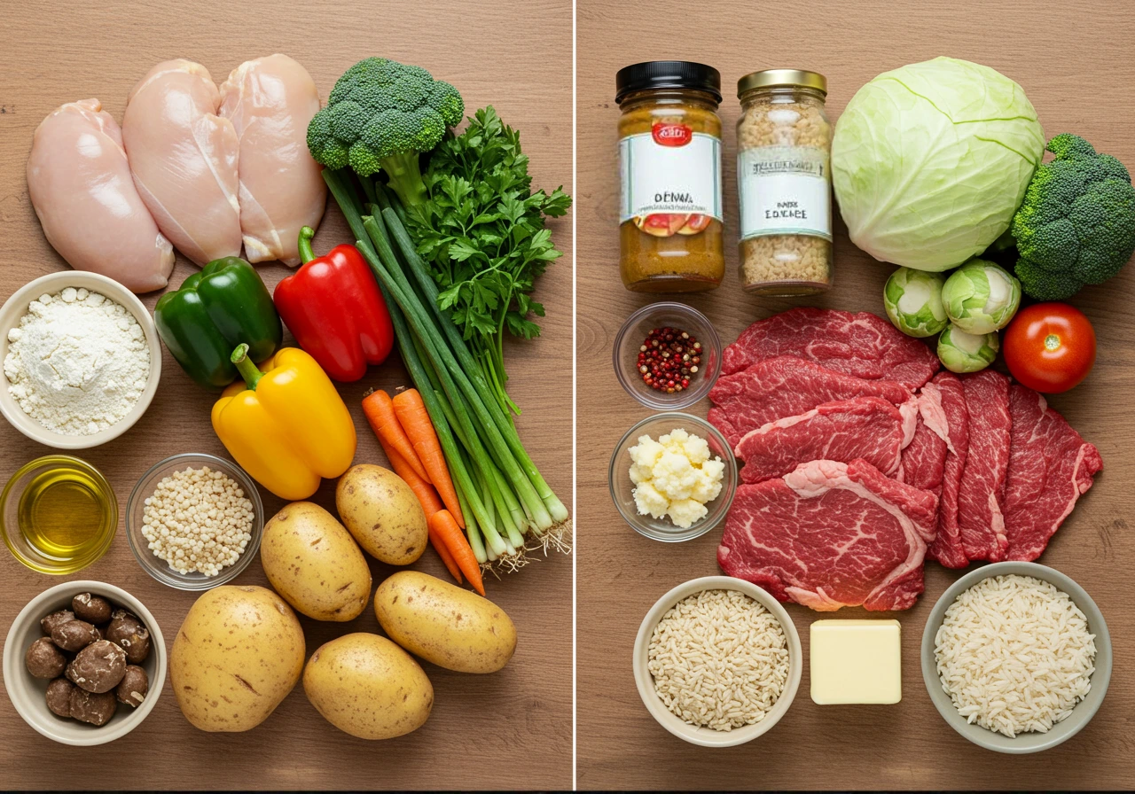 Healthy vs. less healthy Japanese curry ingredients: Illustrating how choices impact nutrition. The photo also answers "What is Japanese curry healthy or unhealthy?