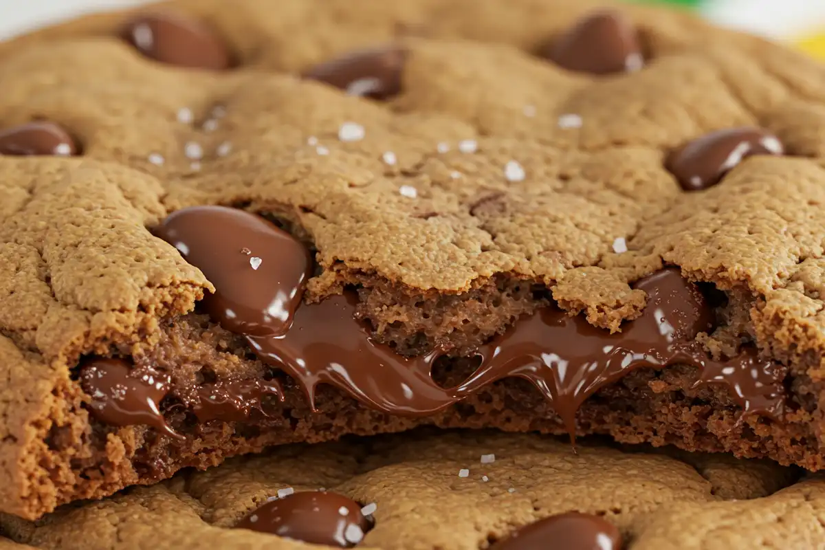 "Zoomed-in photo of homemade chocolate chip cookie with molten chocolate, showcasing easy "What makes Subway cookies so good?" baking techniques.