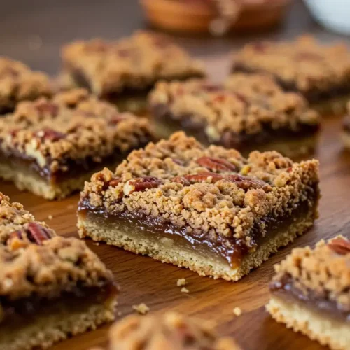 Several Lazy Girl Pecan Pie Bars are on a wooden surface.
