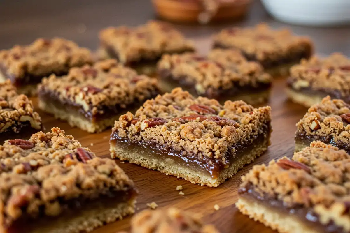 Several Lazy Girl Pecan Pie Bars are on a wooden surface.
