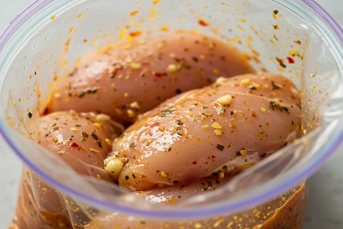 A close-up, slightly out-of-focus shot of raw chicken breasts marinating in Italian dressing inside a clear plastic bag, with visible herbs and spices clinging to the chicken.