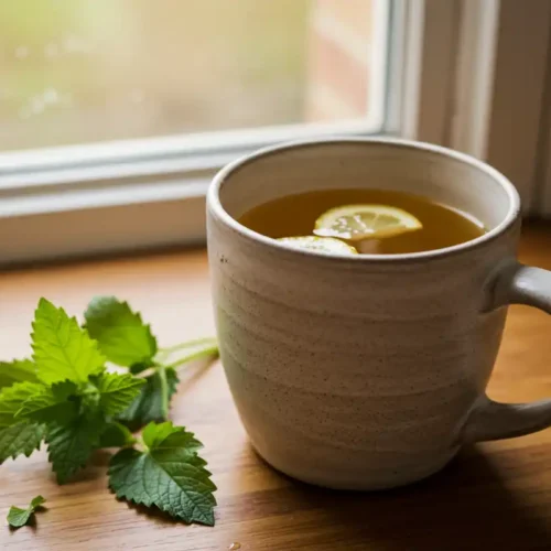 Casual snapshot of lemon balm tea, emphasizing accessibility and simple ingredients for a great “Lemon Balm Recipe for Weight Loss