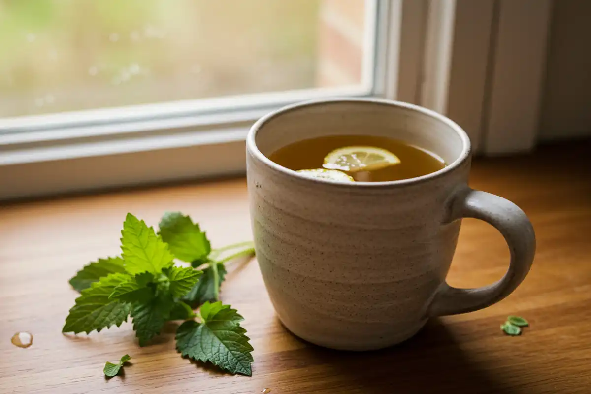 Casual snapshot of lemon balm tea, emphasizing accessibility and simple ingredients for a great “Lemon Balm Recipe for Weight Loss