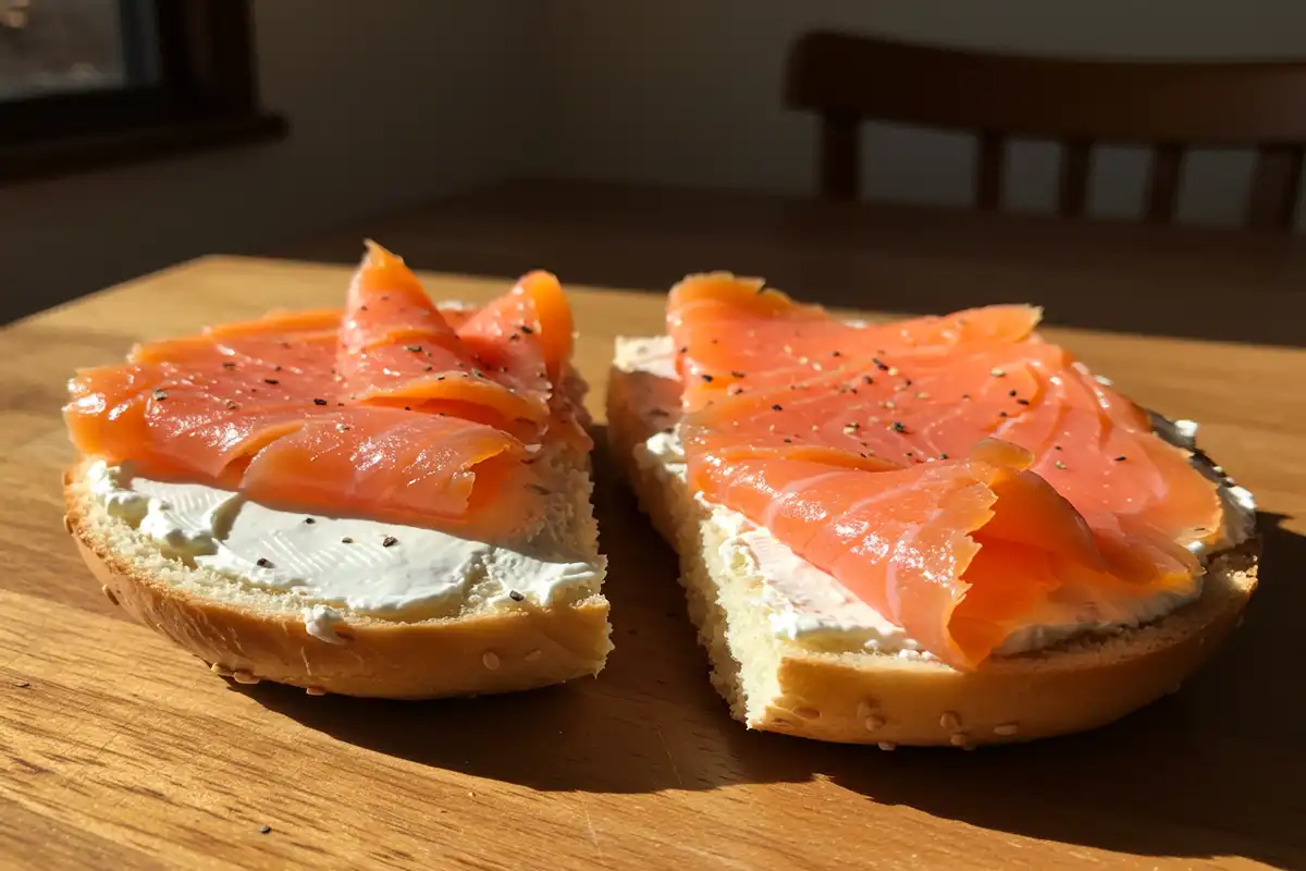 Close-up of lox and cream cheese bagel, highlighting textures. Learn how to make the best smoked salmon bagel