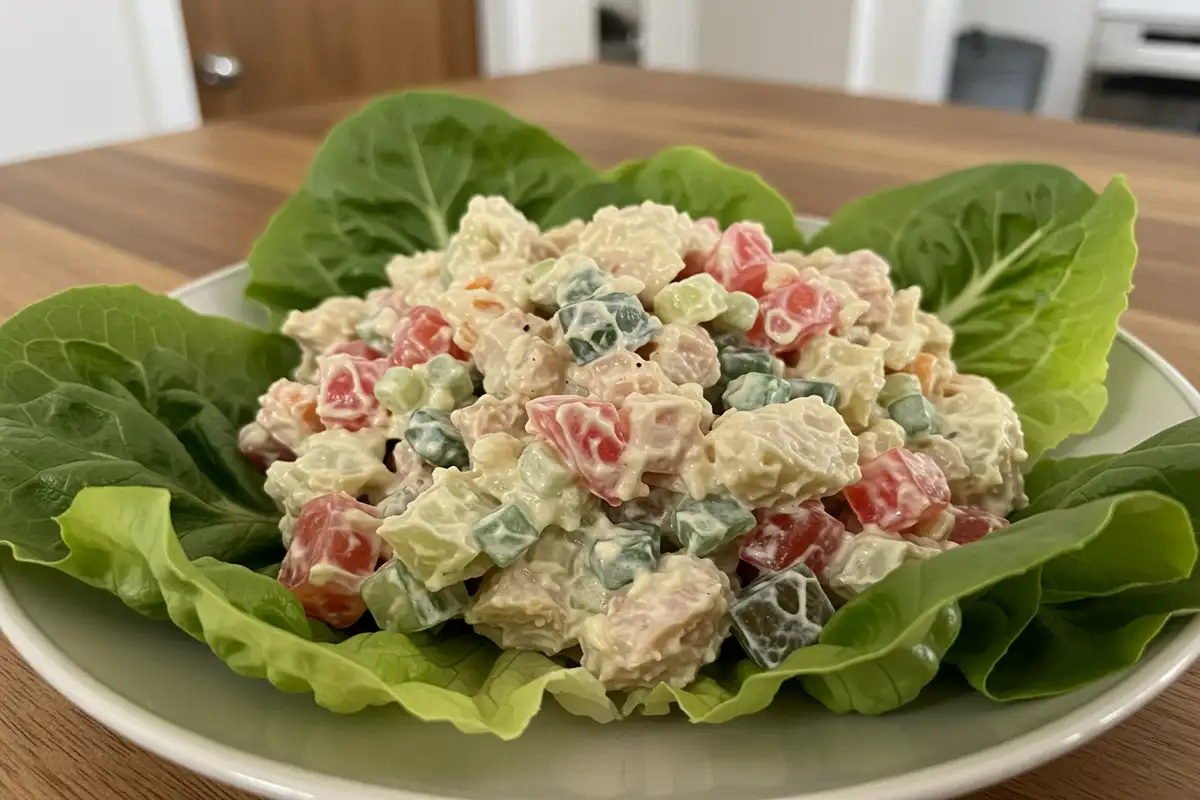 Mary Berry's Coronation Chicken on a bed of lettuce.