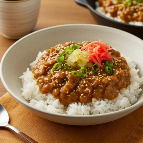 A bowl of Japanese curry, topped with scallions and ginger: Serving the ""crock pot japanese curry"" recipe.