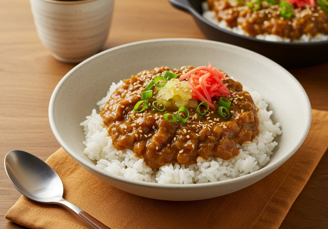 A bowl of Japanese curry, topped with scallions and ginger: Serving the ""crock pot japanese curry"" recipe.