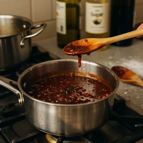 A bubbling saucepan of Wojapi BBQ sauce on a stovetop, surrounded by cooking utensils and spilled ingredients.
