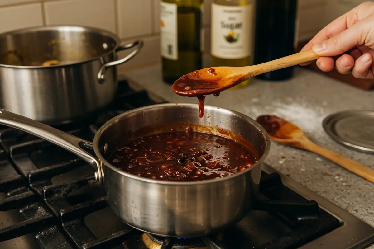 A bubbling saucepan of Wojapi BBQ sauce on a stovetop, surrounded by cooking utensils and spilled ingredients.
